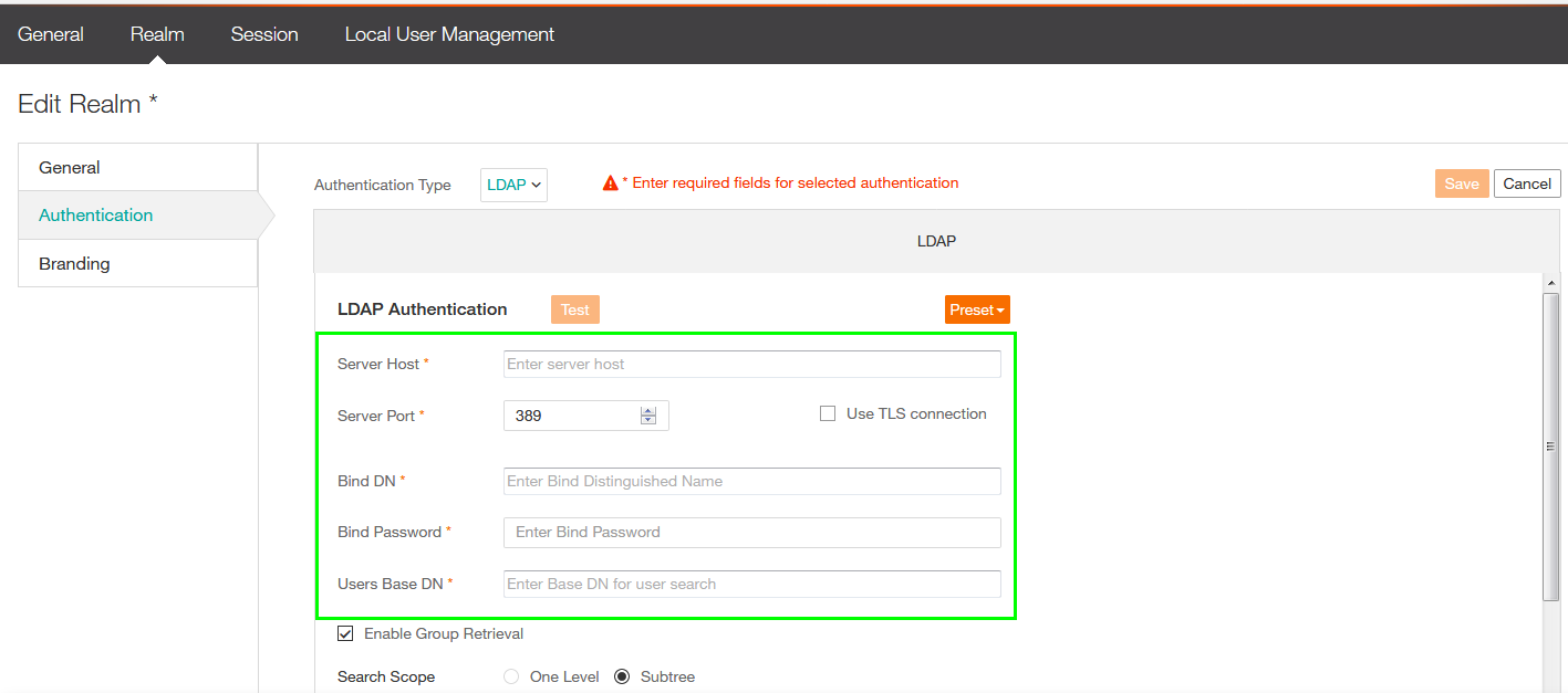 Realm Authentication - Connection Settings.