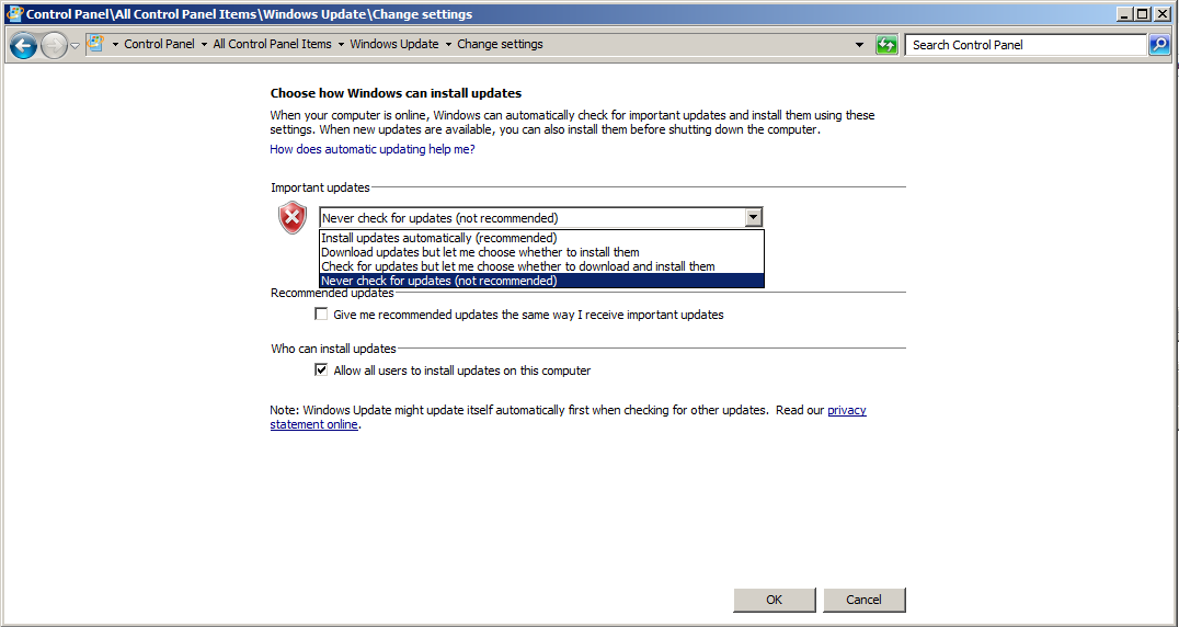 Automatic Updates Control Panel setting